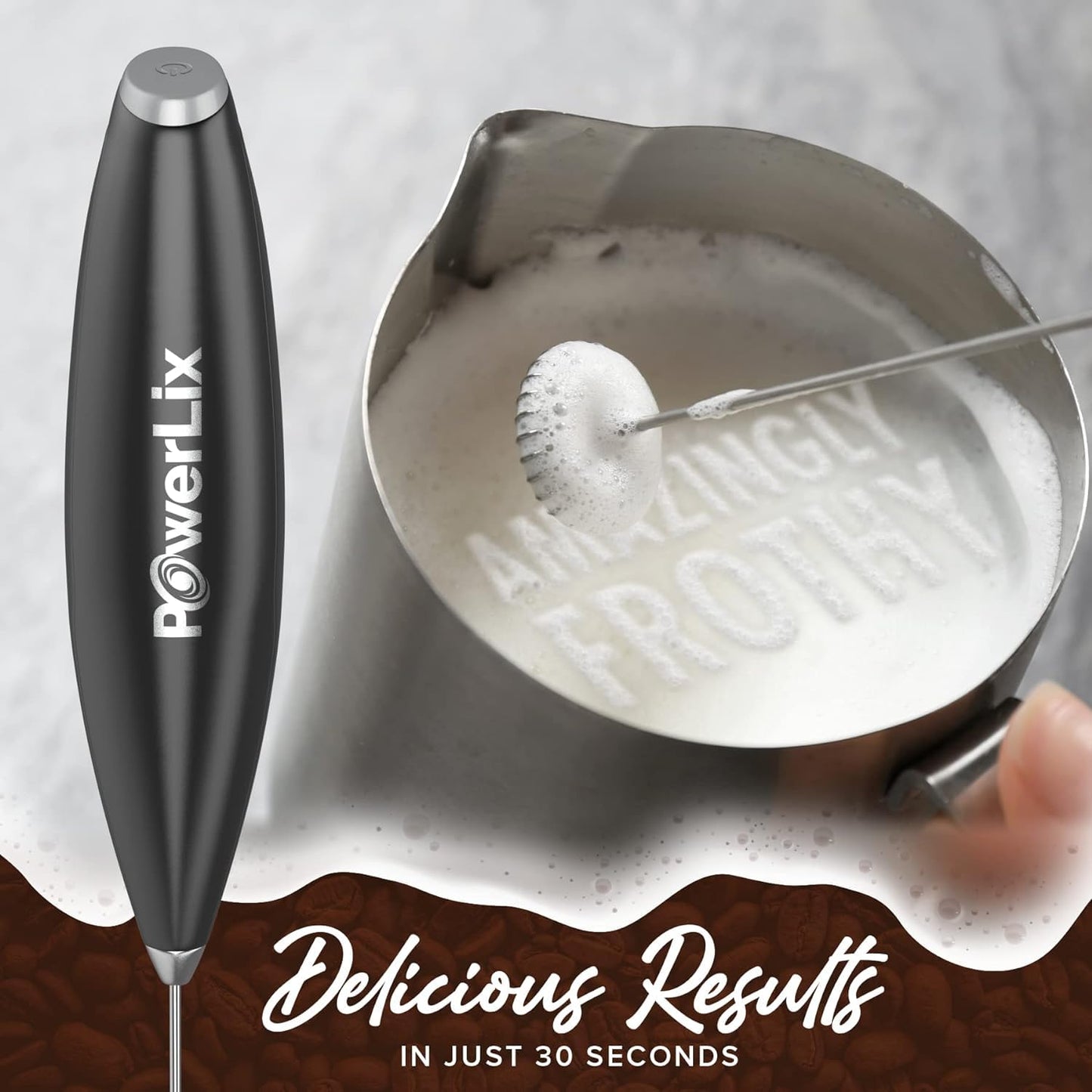 PowerLix Elektrischer Milchaufschäumer, Hand Milk Frother mit Edelstahlständer, Batteriebetrieben