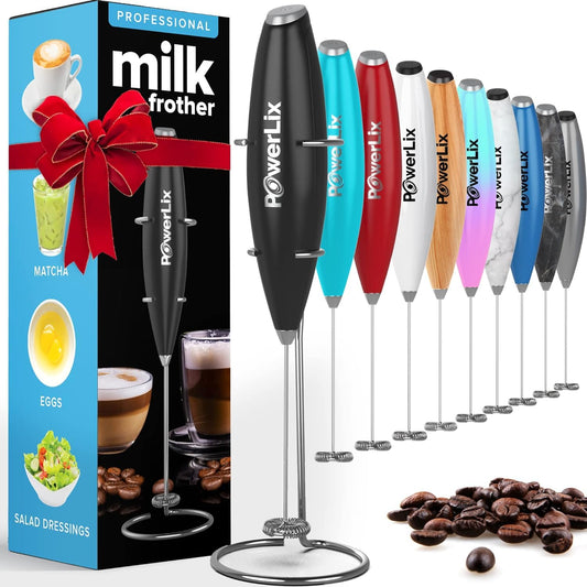 PowerLix Elektrischer Milchaufschäumer, Hand Milk Frother mit Edelstahlständer, Batteriebetrieben
